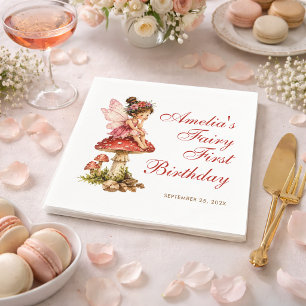 Fairy First Birthday Red Mushroom Cute Girl Script Napkin