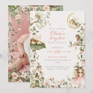Fairy First Birthday Watercolor Fairies Photo Invitation