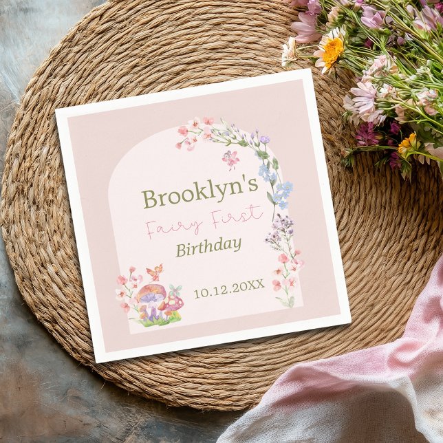 Fairy First Birthday Whimsical Mushroom Floral Napkin (Fairy First Birthday Whimsical Mushroom Floral Napkins)