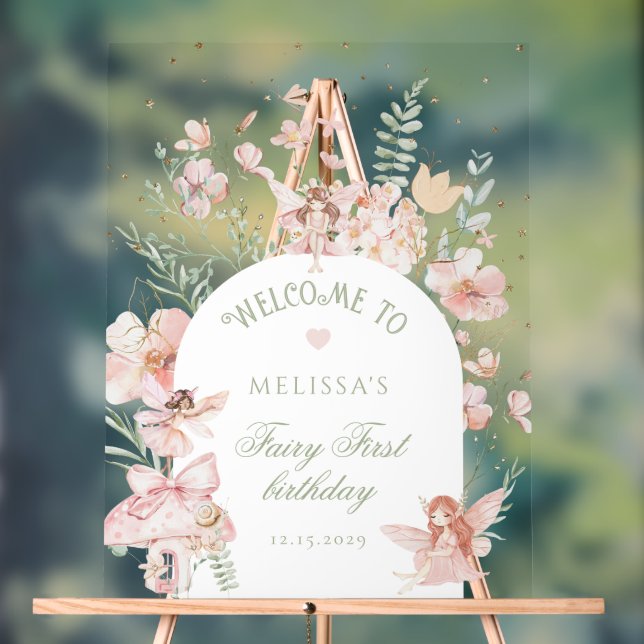 Fairy First Birthday Whimsical Purple Welcome Acrylic Sign (Neutral)
