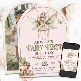 Fairy First Custom Photo Pink Sage 1st Birthday Invitation
