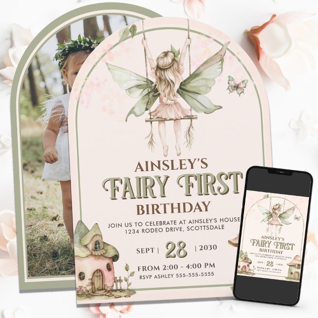 Fairy First Custom Photo Pink Sage 1st Birthday Invitation (Creator Uploaded)
