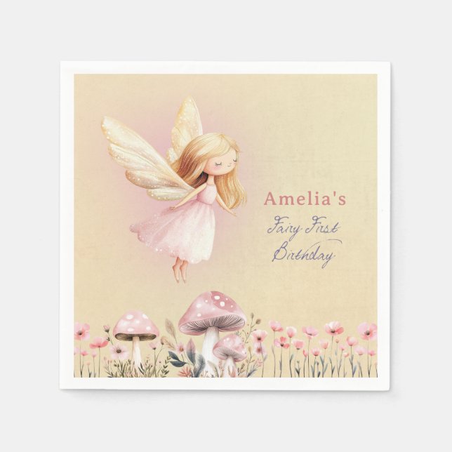 Fairy First Cute Girl's 1st Birthday Party Napkin (Front)