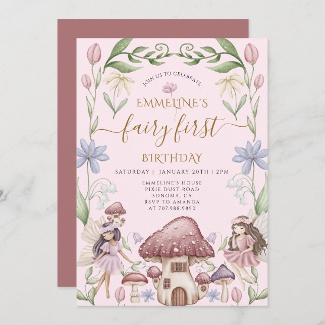 Fairy First Enchanted Forest Girl 1st Birthday Invitation (Front/Back)