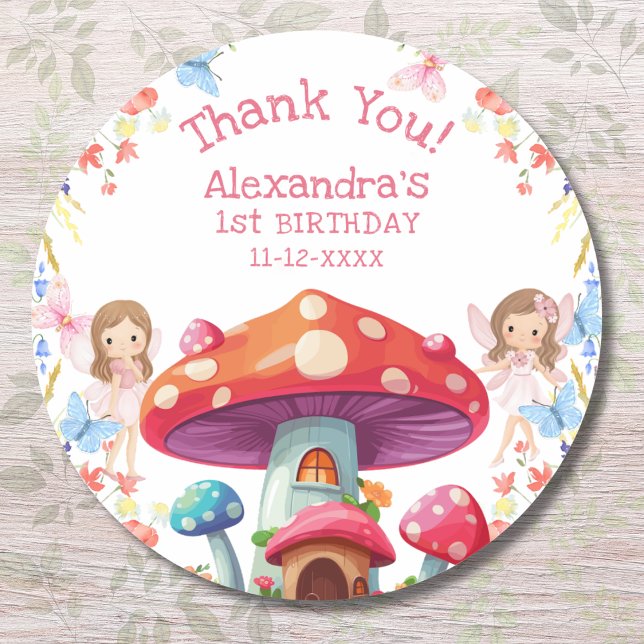 Fairy First Floral Girl 1st Birthday Thank You Classic Round Sticker (Creator Uploaded)