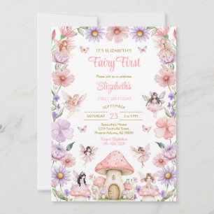 Fairy First Girl Floral 1st Birthday Invitation