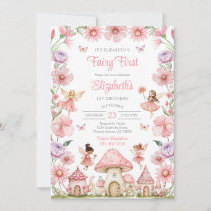 Fairy First Girl Floral 1st Birthday Invitation