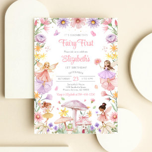 Fairy First Girl Floral 1st Birthday Invitation