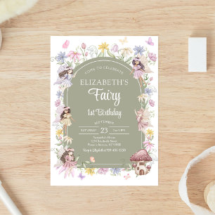 Fairy First Girl Floral 1st Birthday Invitation