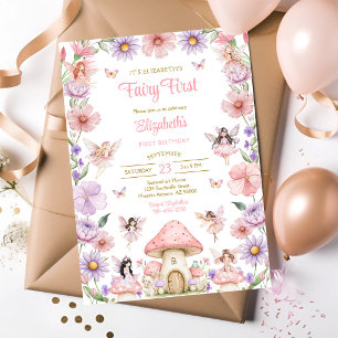 Fairy First Girl Floral 1st Birthday Invitation