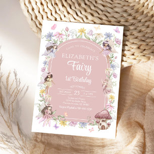 Fairy First Girl Floral 1st Birthday Invitation