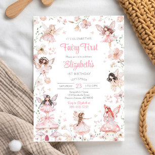Fairy First Girl Floral 1st Birthday Invitation