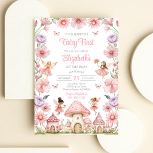 Fairy First Girl Floral 1st Birthday Invitation