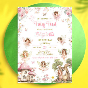 Fairy First Girl Floral 1st Birthday Invitation