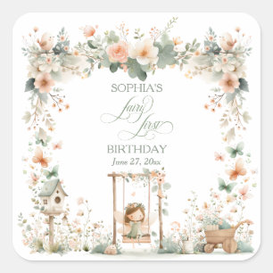 Fairy First Girl's Birthday Party Square Sticker