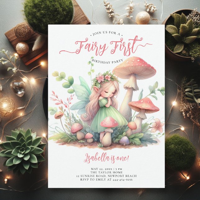 Fairy First Magical Garden Girls 1st Birthday Invitation (fairy first girl birthday party invitation magical forest enchanted garden mushrooms pink gold green)