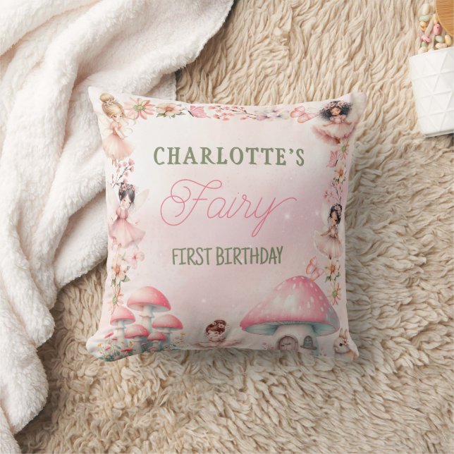 Fairy First Mushroom House Pink Birthday Cushion (Blanket)