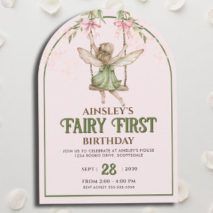 Fairy First Pastel Pink Bow Girls 1st Birthday Invitation