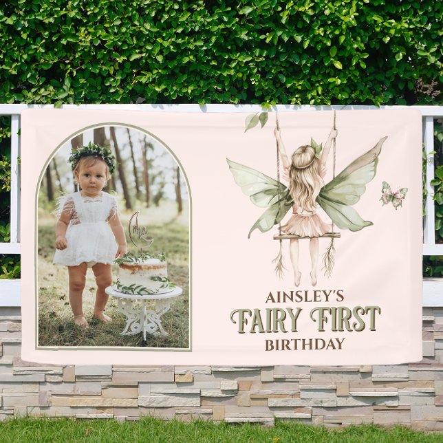 Fairy First Personalised Photo Pink 1st Birthday Banner (Creator Uploaded)