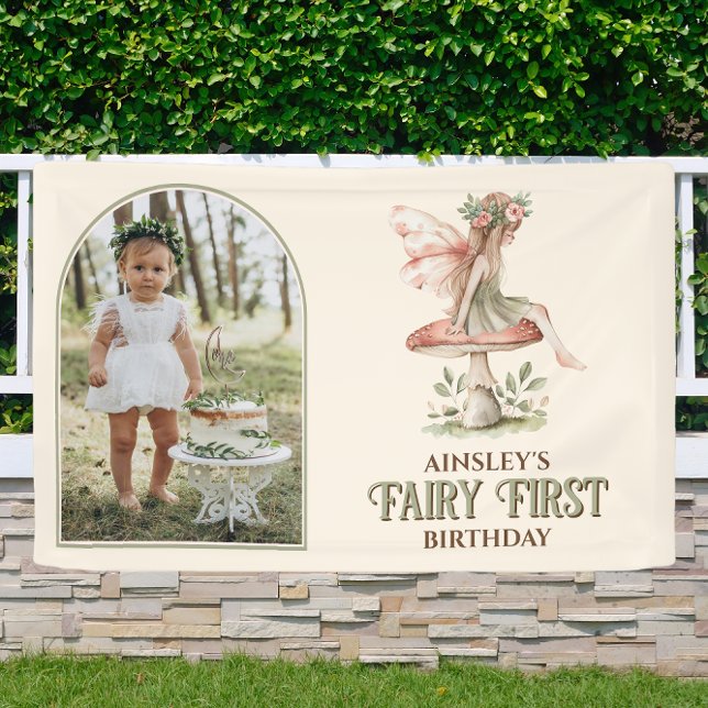 Fairy First Personalised Photo Pink 1st Birthday Banner (Creator Uploaded)