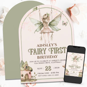 Fairy First Personalised Pink Sage 1st Birthday Invitation