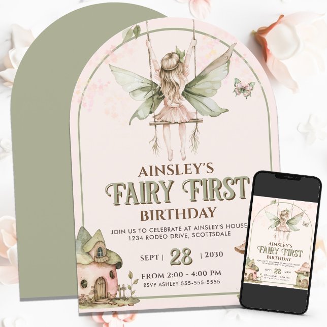 Fairy First Personalised Pink Sage 1st Birthday Invitation (Creator Uploaded)