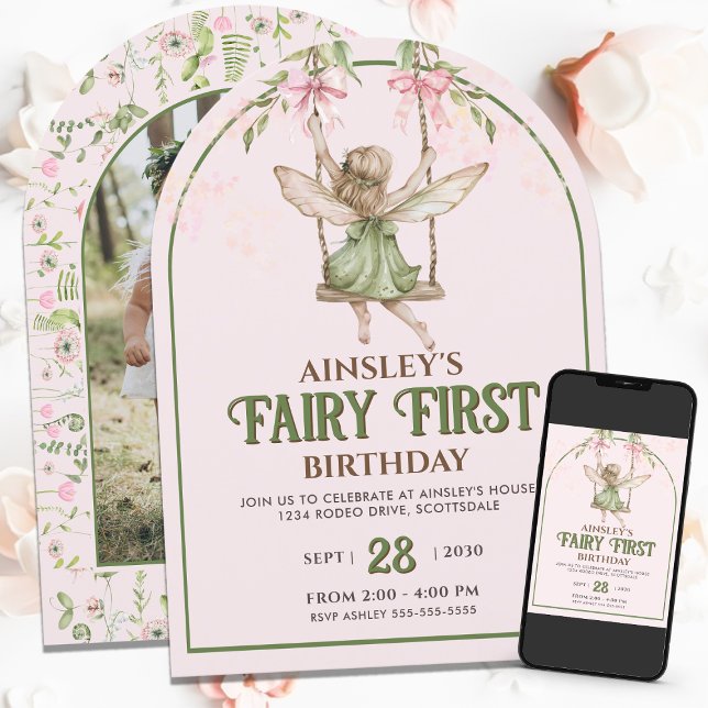 Fairy First Pink Bow Photo Girls 1st Birthday Invitation (Creator Uploaded)