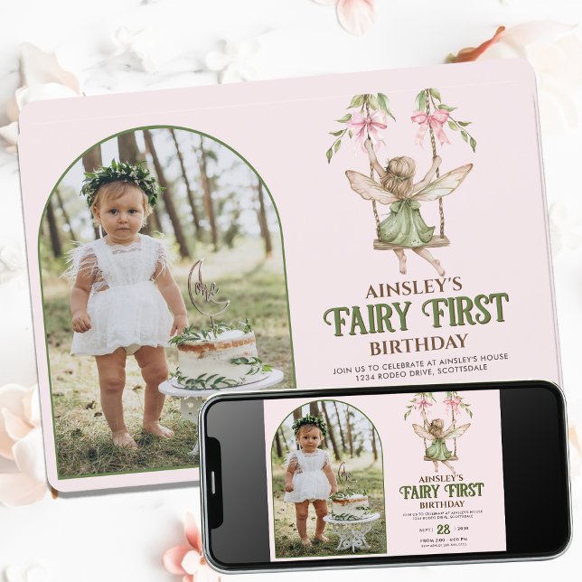 Fairy First Pink Bow Photo Girls 1st Birthday Invitation (Creator Uploaded)