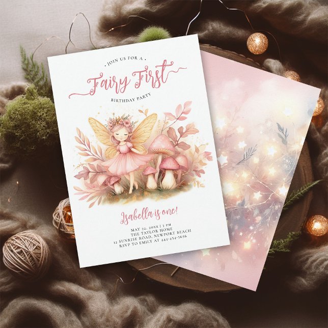Fairy First Pink Gold Magical Girls 1st Birthday Invitation (fairy first girl birthday party invitation magical forest enchanted garden mushrooms pink gold)