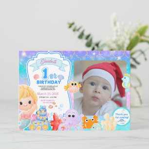 Fairy First Purple Sea Photo 1st Birthday  Invitation
