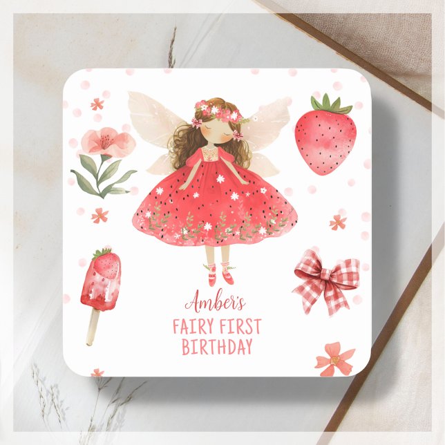 Fairy First Strawberry Fairy Birthday Favour Square Sticker (Creator Uploaded)
