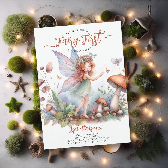Fairy First Terracotta Magical Girls 1st Birthday Invitation (fairy first girl birthday party invitation magical forest enchanted garden mushroom terracotta green)