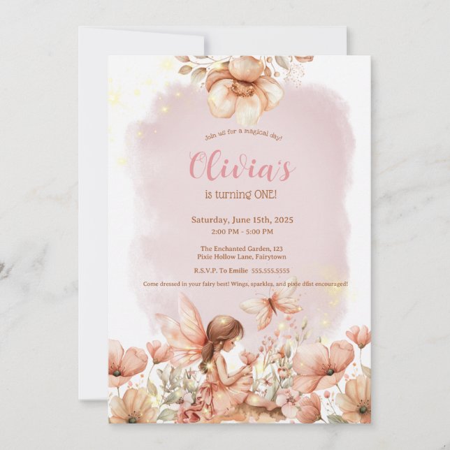 Fairy First Theme Girl's 1st Birthday Party Custom Invitation (Front)
