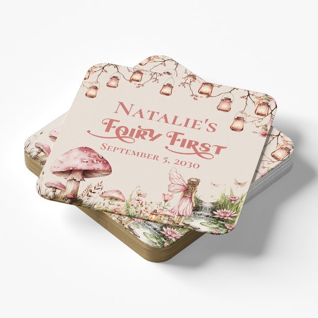Fairy First Theme Girl's 1st Birthday Party Custom Square Paper Coaster (Creator Uploaded)