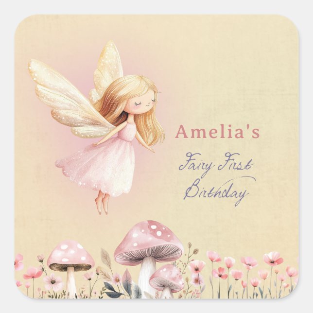 Fairy First Theme Girl's 1st Birthday Party Custom Square Sticker (Front)