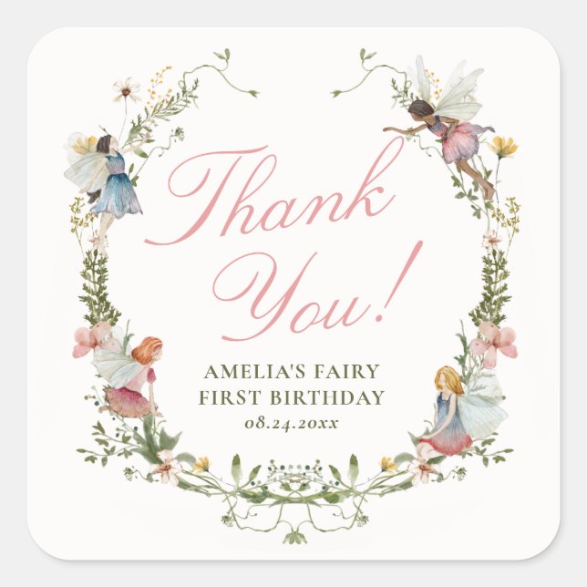 Fairy First Vintage Floral Birthday Square Sticker (Front)