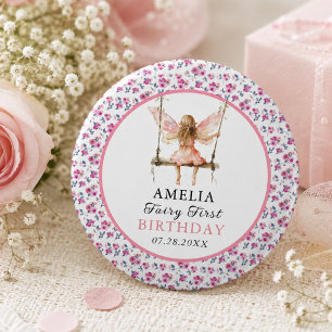 Fairy First Watercolor Floral Girls 1st Birthday 3 Cm Round Badge