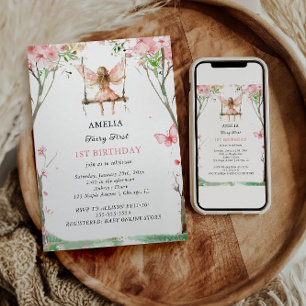 Fairy First Watercolor Floral Girls 1st Birthday Invitation