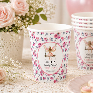 Fairy First Watercolor Floral Girls 1st Birthday Paper Cups