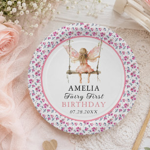 Fairy First Watercolor Floral Girls 1st Birthday Paper Plate