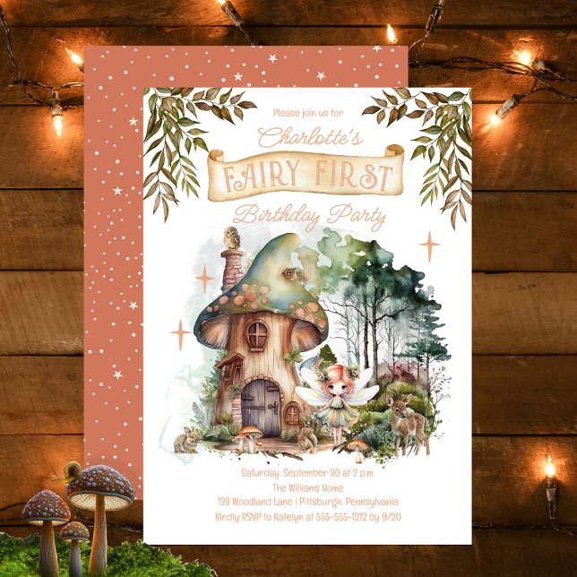 Fairy First Woodland Animals Mushroom 1st Birthday (Fairy First Woodland Animals Mushrooms Girl's 1st Birthday Party Rose Gold Foil Invitation)