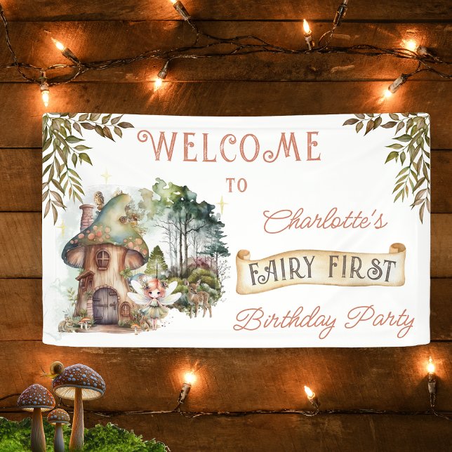 Fairy First Woodland Animals Mushroom 1st Birthday Banner (Fairy First Woodland Animals Mushrooms Girl's 1st Birthday Party Banner)