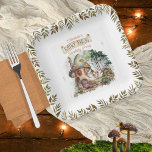 Fairy First Woodland Animals Mushroom 1st Birthday Paper Plate<br><div class="desc">A sweet little woodland fairy stands outside of her mushroom house among the mushrooms,  the forest and the woodland forest animals as greenery boughs drape gracefully on either side of her in this "Fairy First" girl's 1st Birthday Party composite design by Holiday Hearts Designs.</div>
