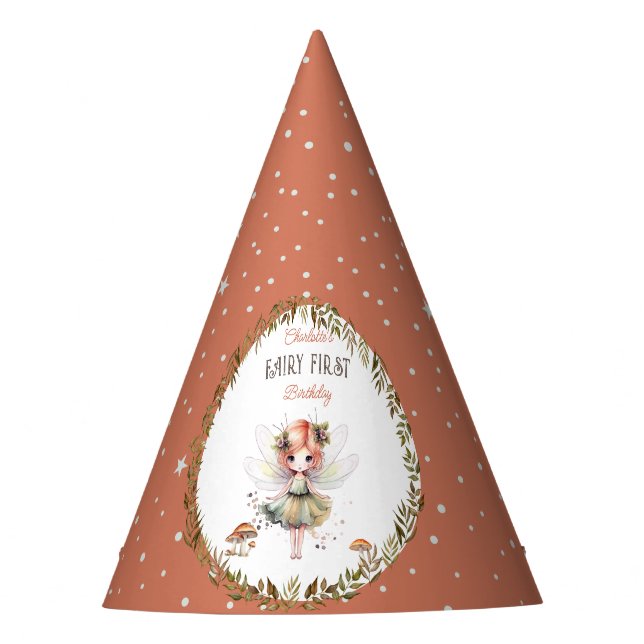 Fairy First Woodland Animals Mushroom 1st Birthday Party Hat (Front)
