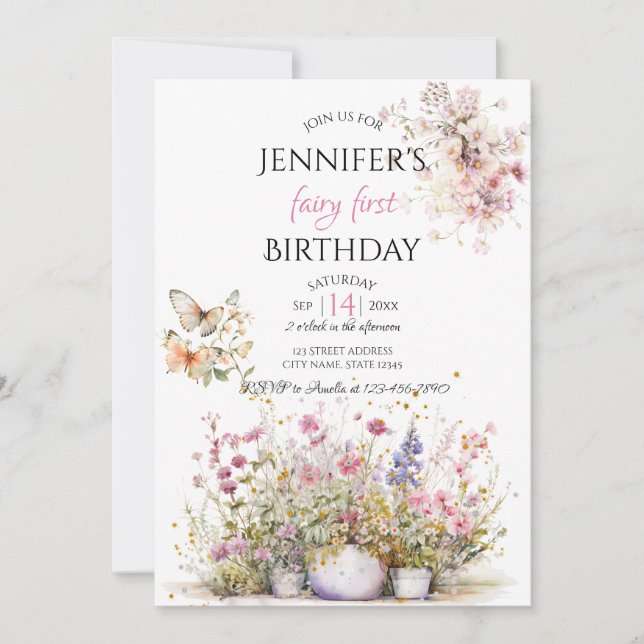 Fairy Floral First Birthday Invitation (Front)