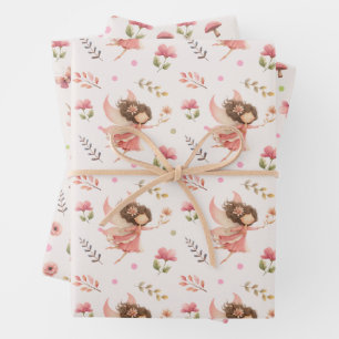 Fairy& Flower Illustrations Pastel Pink Botanical  Wrapping Paper Sheet