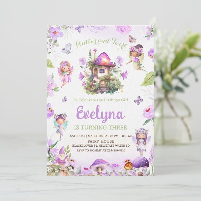 Fairy Flutter Twirly Purple Birthday Invitation (Standing Front)