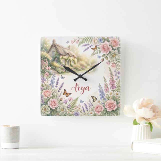 Fairy Garden Fantasy Custom Name Square Wall Clock (Home)