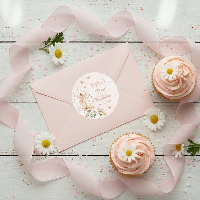 Fairy Garden Girl Birthday Party Classic Round Sticker (Creator Uploaded)