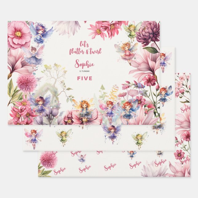 Fairy garden watercolor kids birthday wrapping paper sheet (Set)